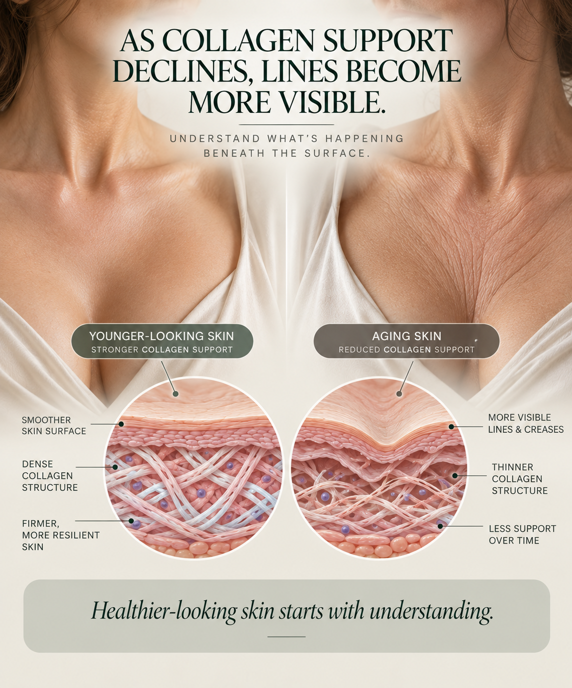 Comparison of younger-looking and aging skin showing differences in collagen and dermal support