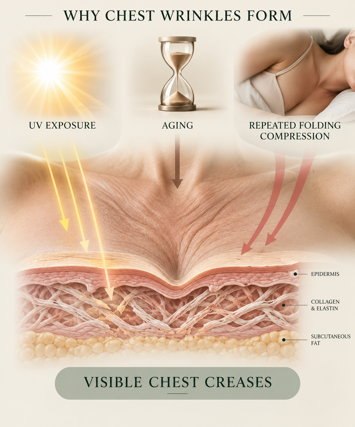 Diagram showing UV exposure, aging and repeated folding or compression contributing to visible chest creases