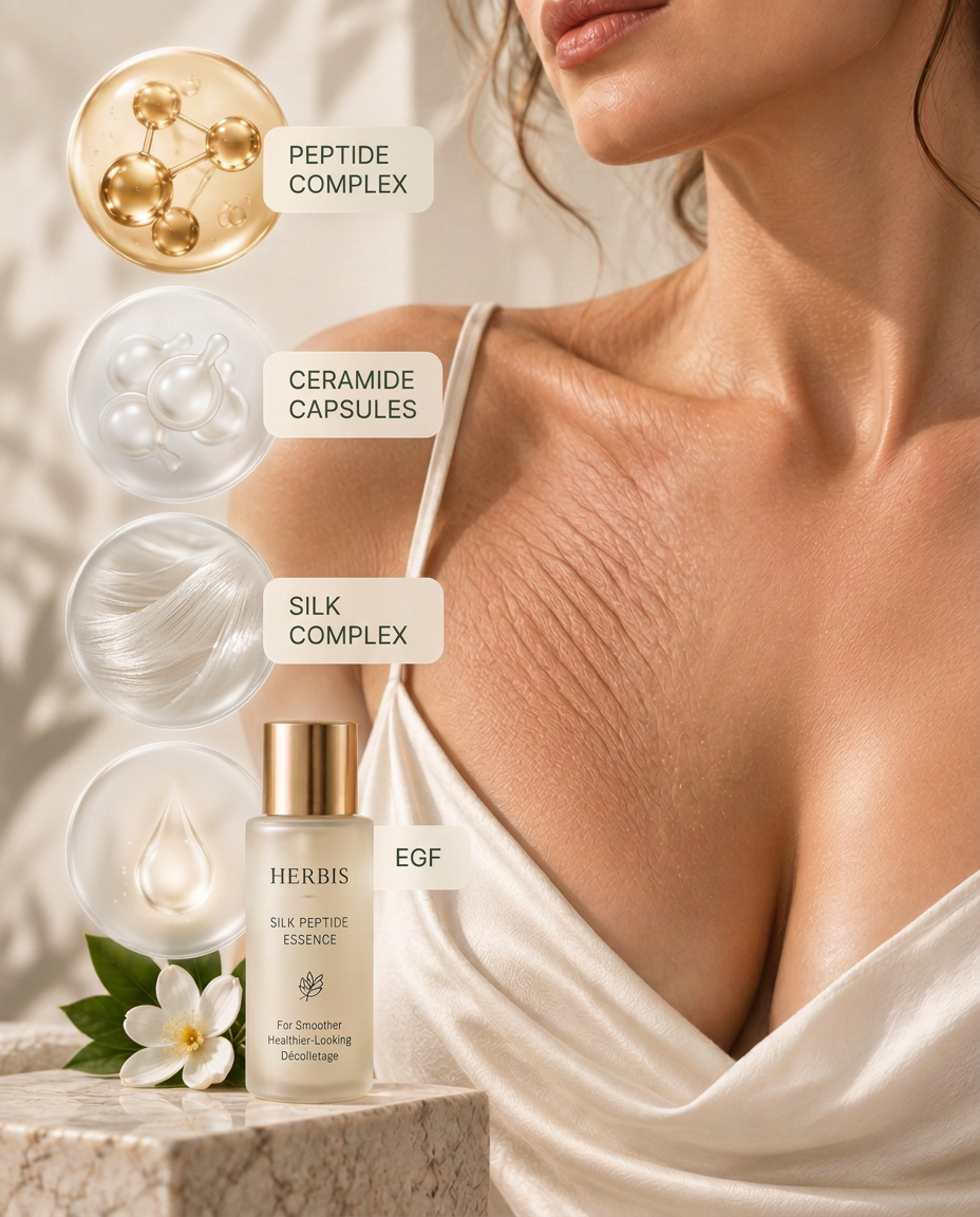 HERBIS Silk Peptide Essence with peptide, ceramide, silk complex and EGF ingredient callouts