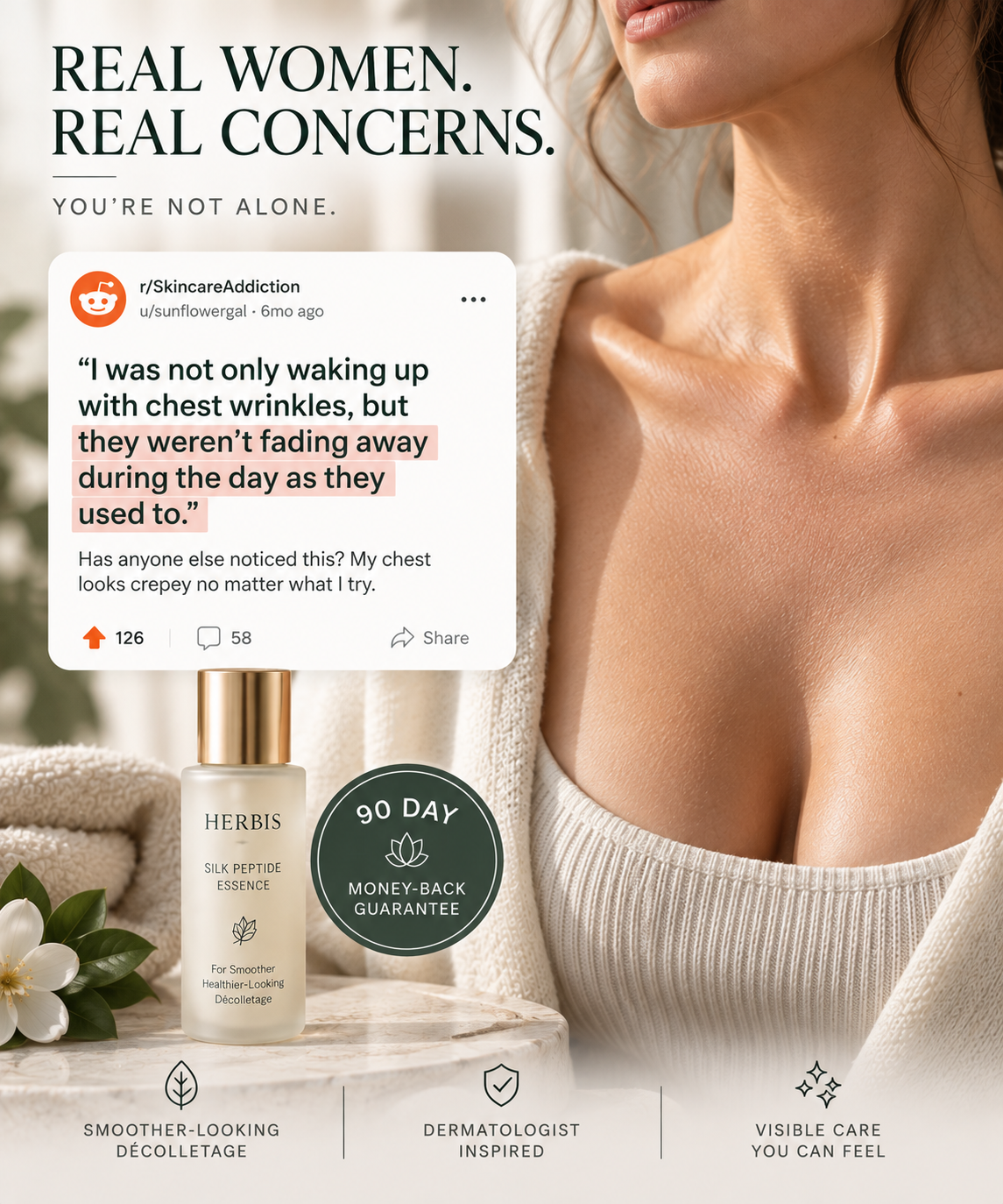 Editorial community quote about the experience of persistent chest wrinkles alongside HERBIS Silk Peptide Essence